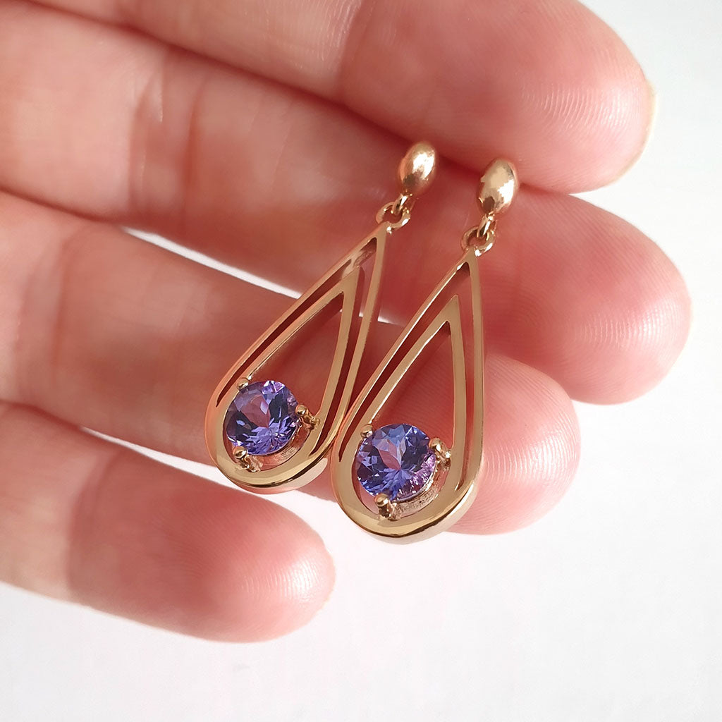 Double Droplet Round Cut Tanzanite Rose Gold Drop Earrings