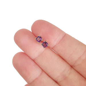 Double Four Claw Yellow Gold Cushion Amethyst Studs