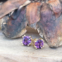Double Four Claw Yellow Gold Cushion Amethyst Studs
