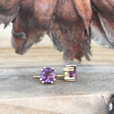 Double Four Claw Yellow Gold Cushion Amethyst Studs