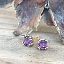 Double Four Claw Yellow Gold Cushion Amethyst Studs