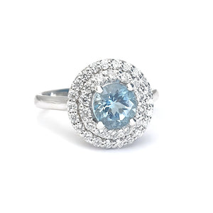Double Halo Diamond Ring set with Aquamarine