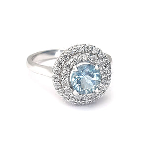 Double Halo Diamond Ring set with Aquamarine