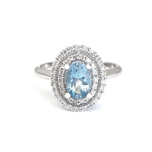 Double Halo Oval Cut Aquamarine and Diamond Ring