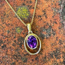 Double Hoop Oval Cut Amethyst Yellow Gold Drop Pendant
