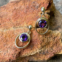 Double Hoop Round Cut Bezel Set Amethyst Drop Earrings