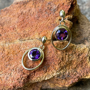 Double Hoop Round Cut Bezel Set Amethyst Drop Earrings