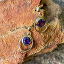 Double Hoop Round Cut Bezel Set Amethyst Drop Earrings