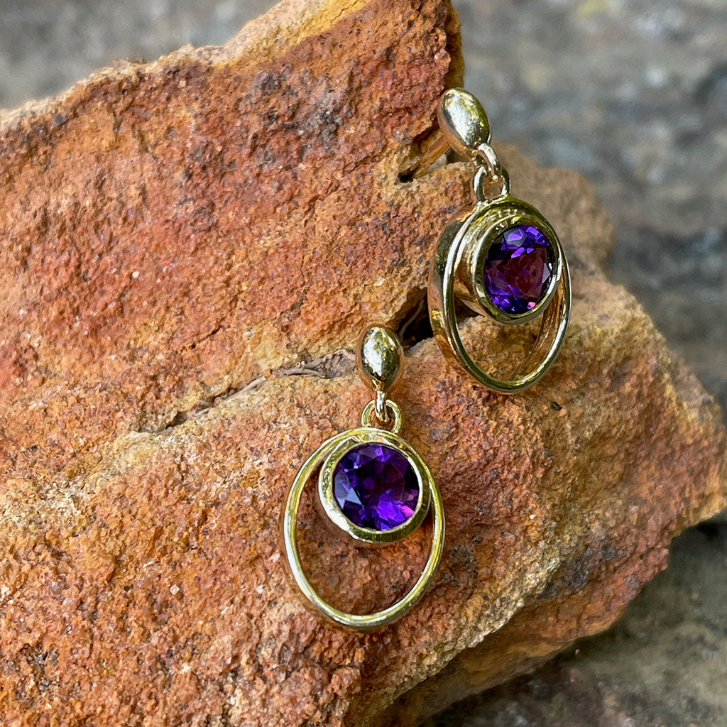 Double Hoop Round Cut Bezel Set Amethyst Drop Earrings