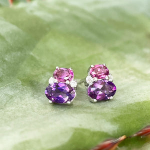 Double Oval Amethyst and Rhodalite Earrings with Diamond Highlights