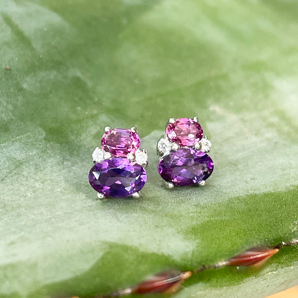 Double Oval Amethyst and Rhodalite Earrings with Diamond Highlights