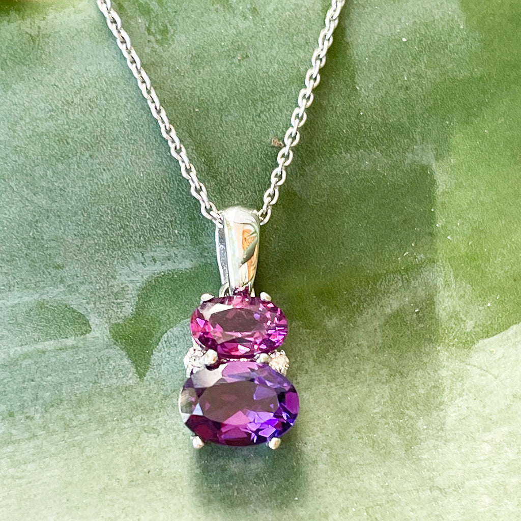 Double Oval Amethyst and Rhodalite Pendant with Diamond Highlight