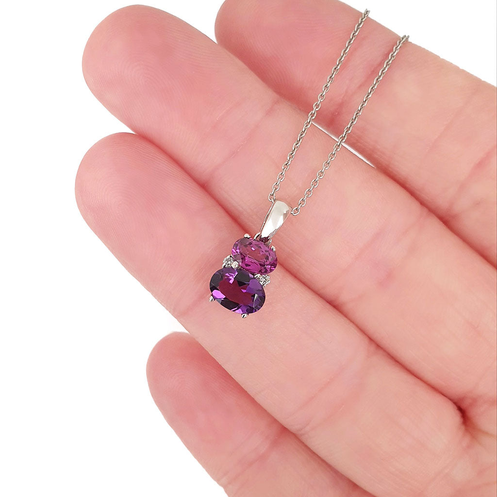 Double Oval Amethyst and Rhodolite Pendant with Diamond Highlight