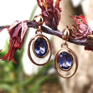 Double Oval Bezel Tanzanite Drop Rose Gold Earrings