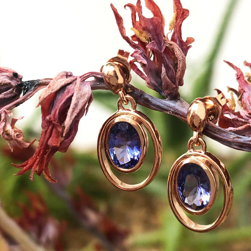 Double Oval Bezel Tanzanite Drop Rose Gold Earrings