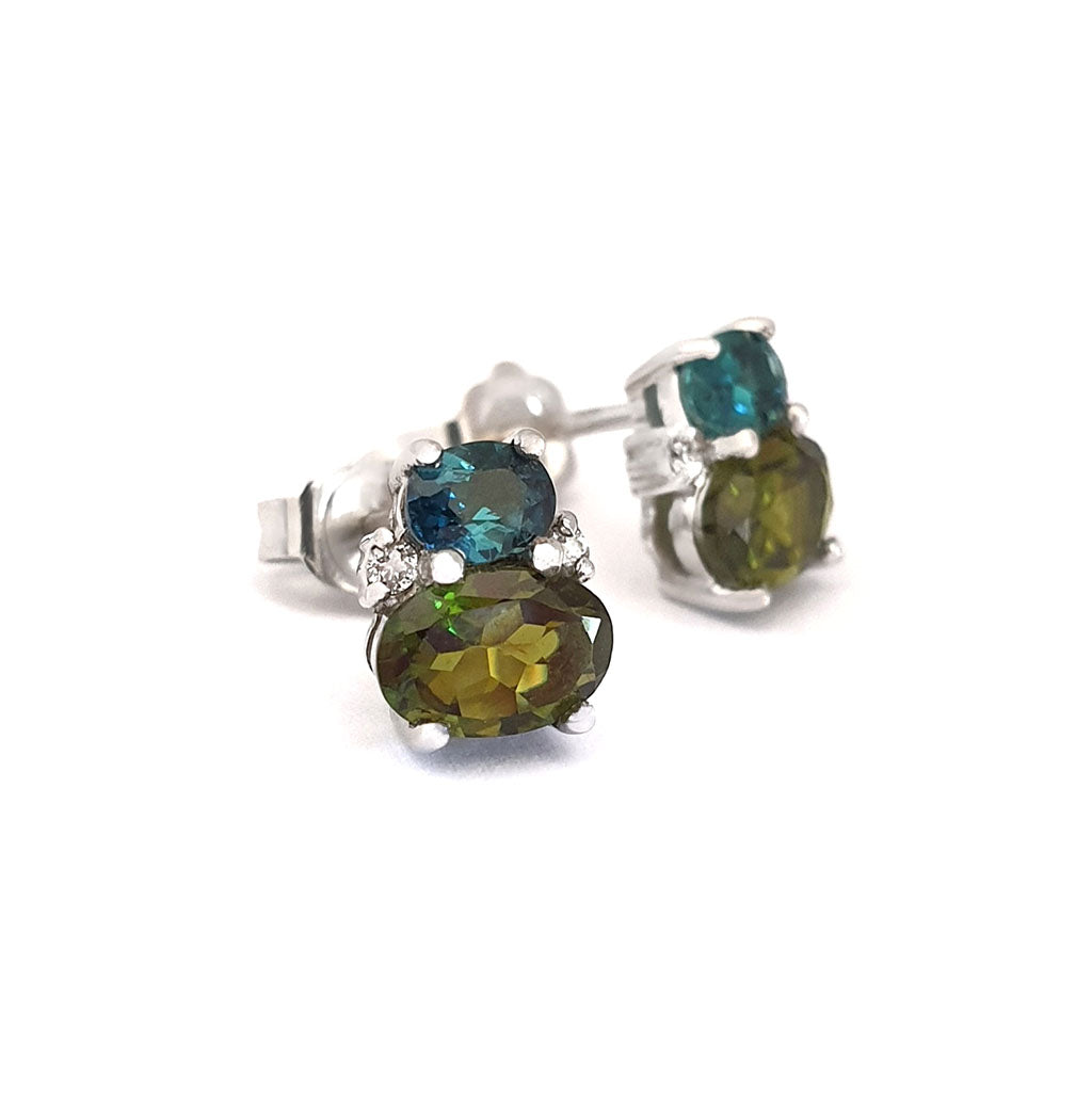 Double Oval Cut Blue Green and Green Tourmaline Earrings