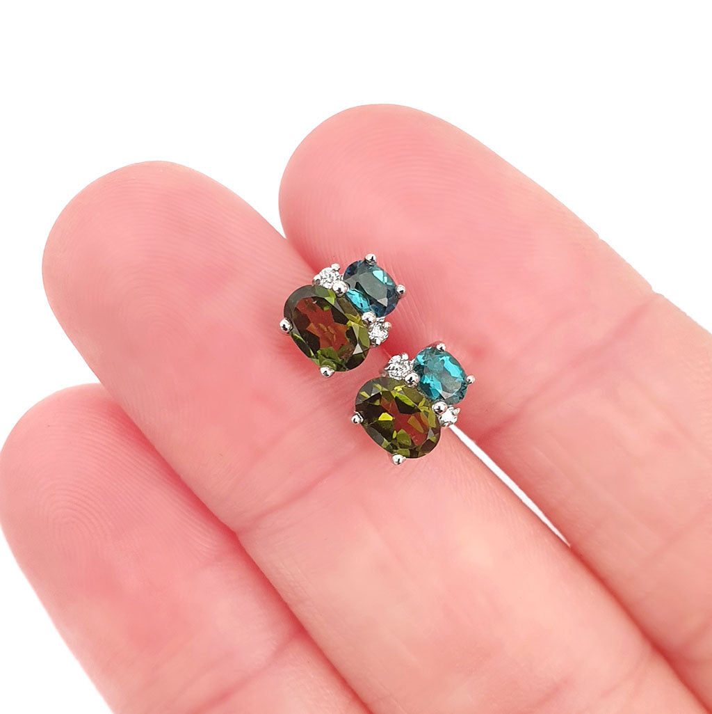 Double Oval Cut Blue Green and Green Tourmaline Earrings