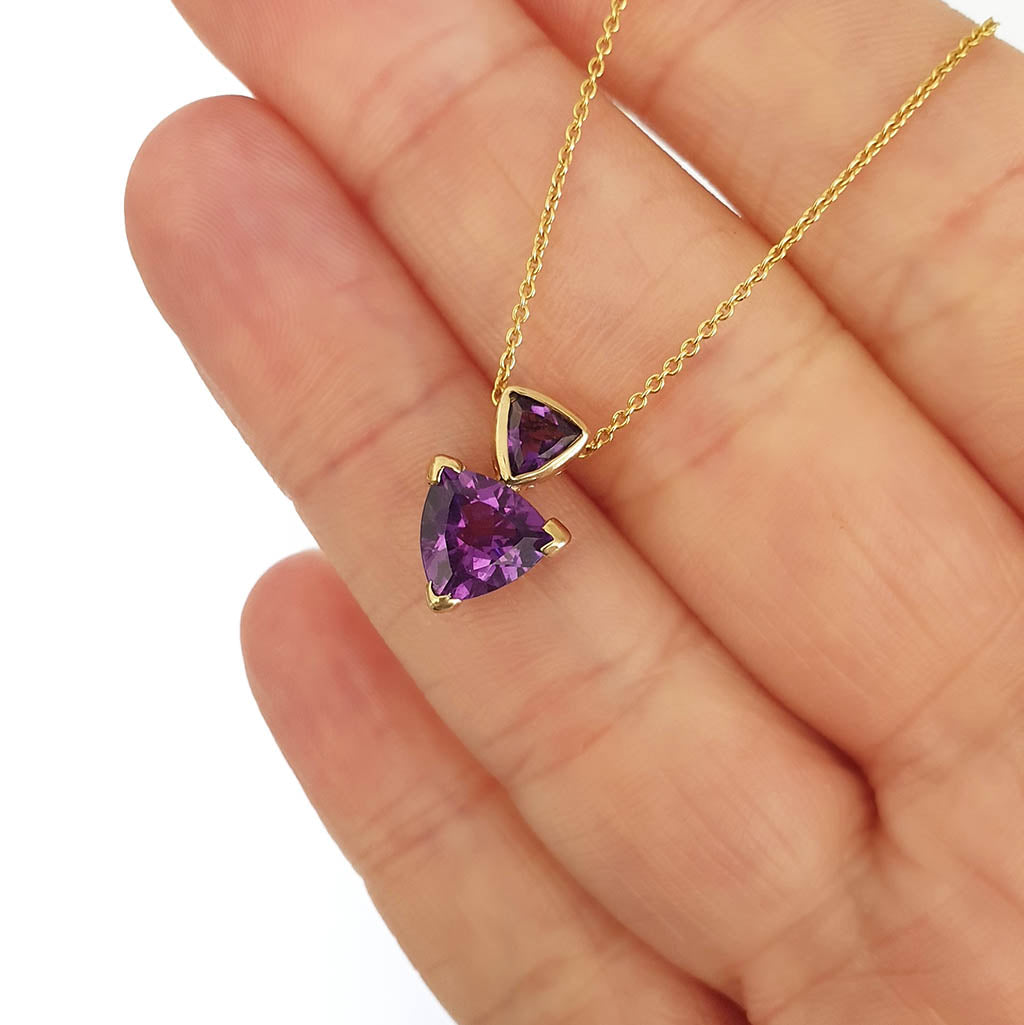 Double Trilliant Cut Amethyst pendant and Chain 