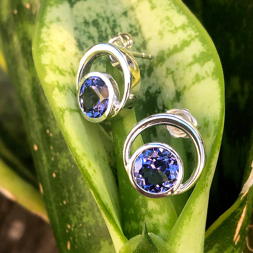 Double Tube Set Round Cut Tanzanite Earrings