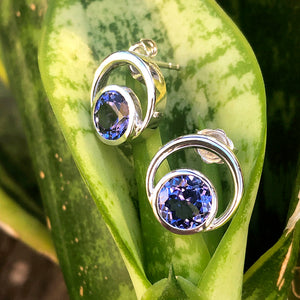 Double Tube Set Round Cut Tanzanite Earrings