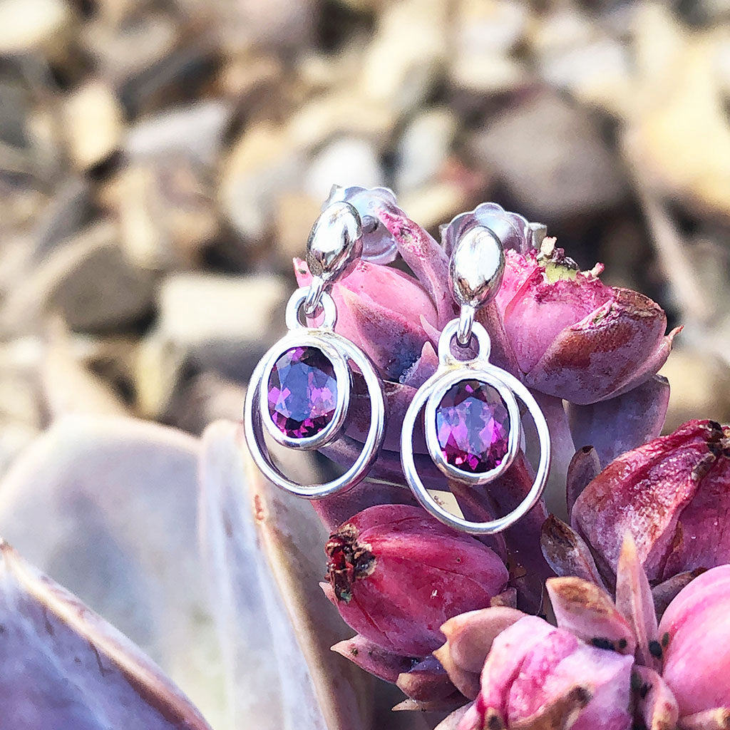 Double White Gold Oval Grape Garnet Drop Earrings