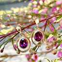 Double Yellow Gold Oval Grape Garnet Drop Earrings