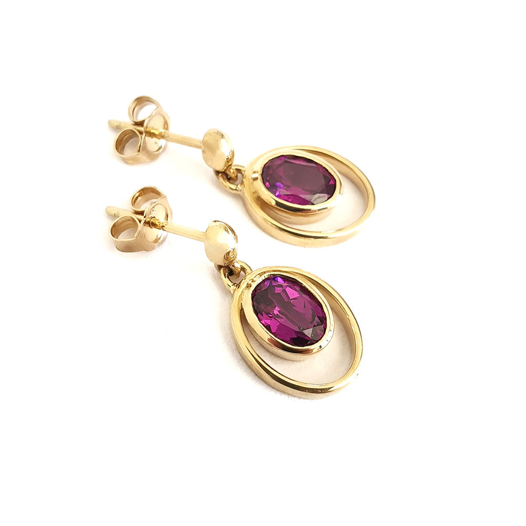  Double Yellow Gold Oval Grape Garnet Drop Earrings