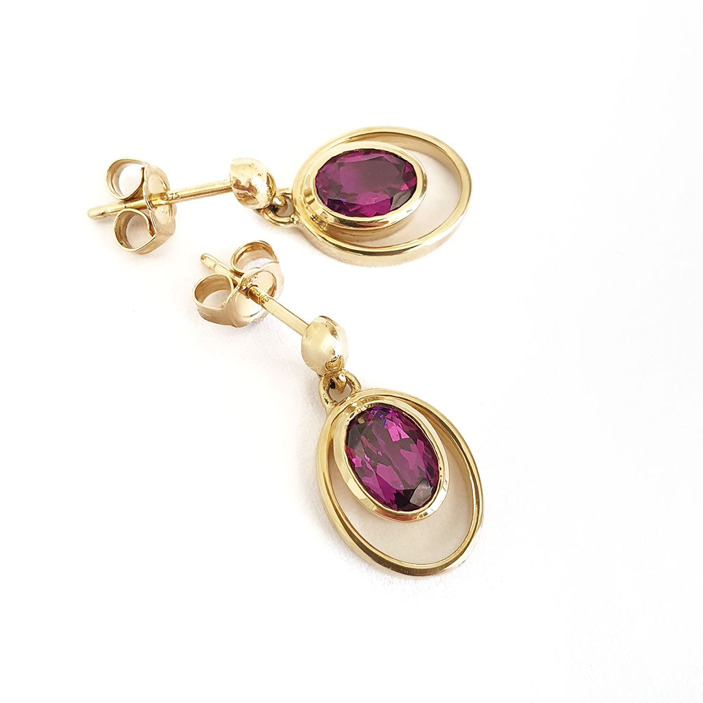  Double Yellow Gold Oval Grape Garnet Drop Earrings
