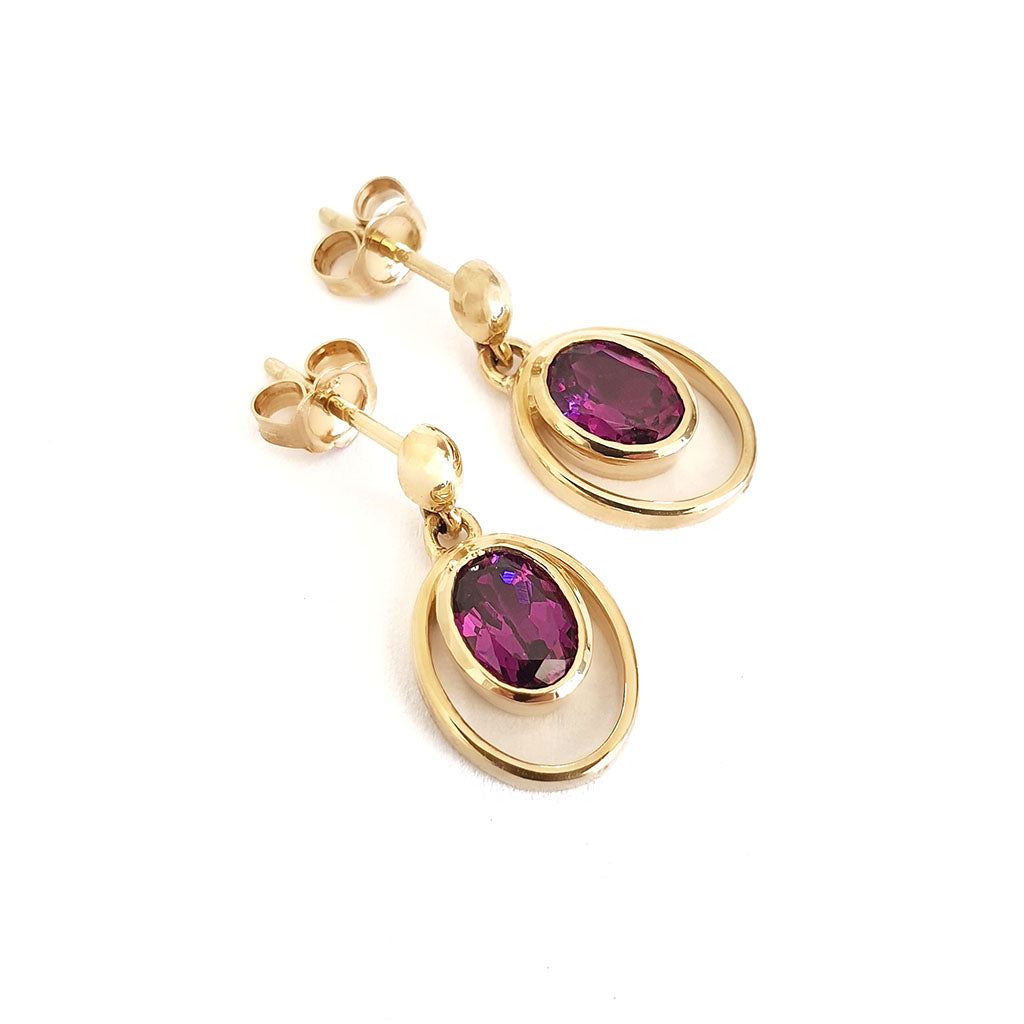  Double Yellow Gold Oval Grape Garnet Drop Earrings