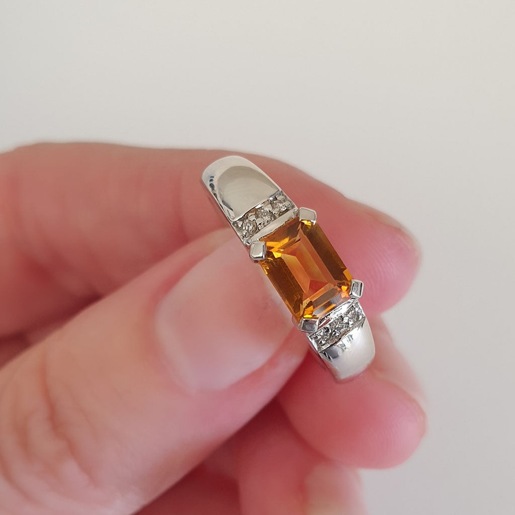Emerald Cut Citrine Ring with Diamond Accent