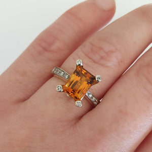 Emerald Cut Citrine with Diamond Claw and Band Accent Ring