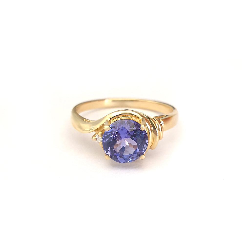 Chic Side Shoulder Rouched Tanzanite and Diamond Yellow Gold Ring