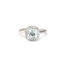 Raised Cushion Cut Aquamarine and Diamond Halo Ring⁠