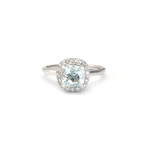 Raised Cushion Cut Aquamarine and Diamond Halo Ring⁠