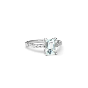 Elegant Octagonal Cut Aquamarine and Diamond Band White Gold Ring