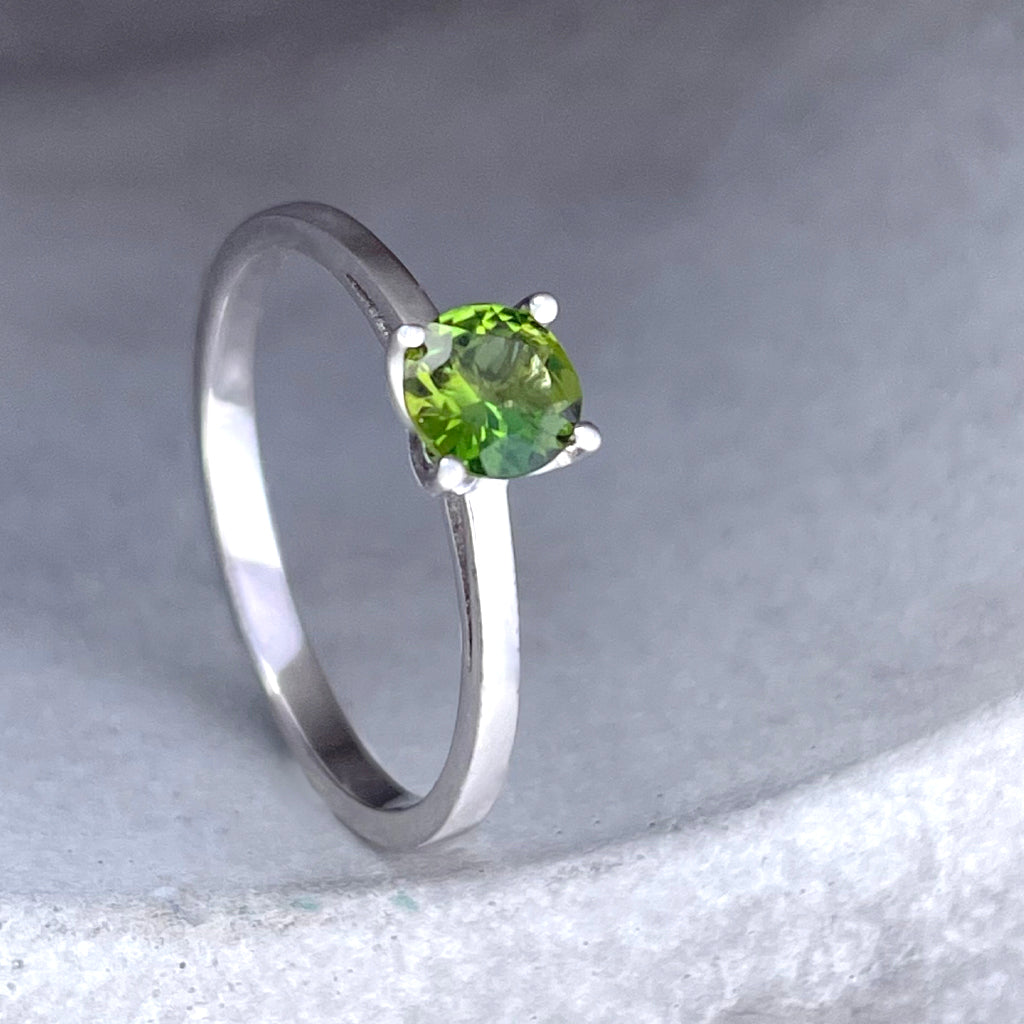 Delicate Solitaire Green Tourmaline Four Claw White Gold Ring