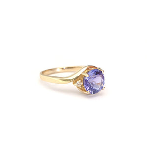 Chic Side Shoulder Rouched Tanzanite and Diamond Yellow Gold Ring