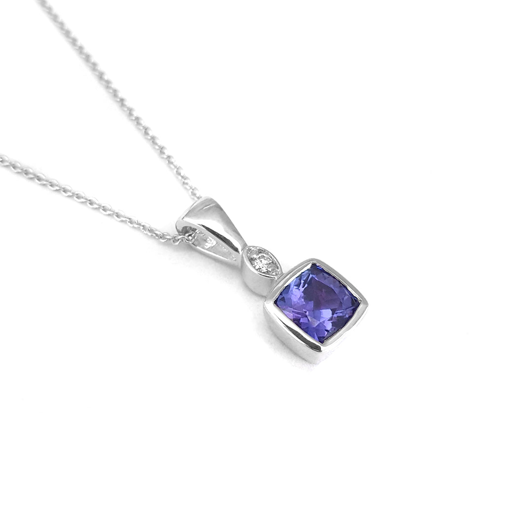 Petite Elegant Tube Set Square Tanzanite and Diamond White Gold Pendant