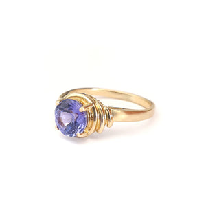 Chic Side Shoulder Rouched Tanzanite and Diamond Yellow Gold Ring