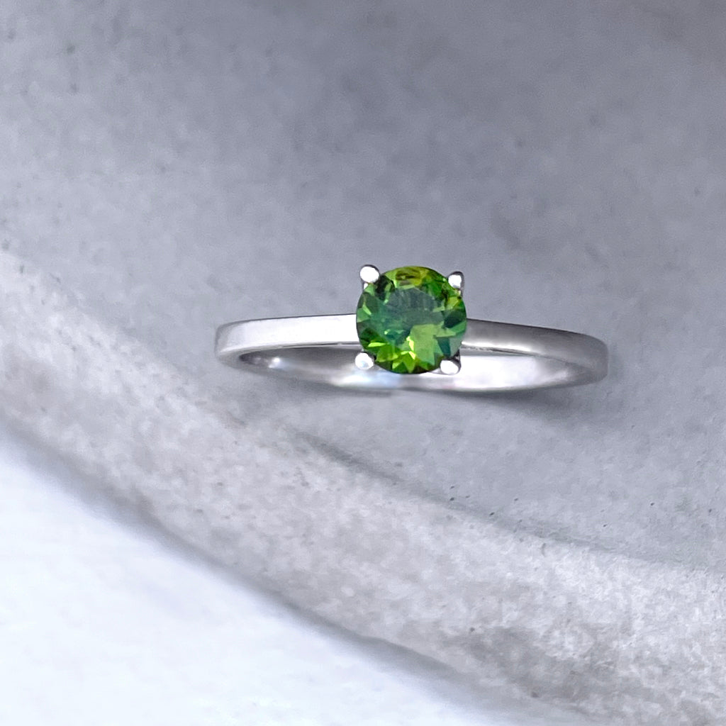 Delicate Solitaire Green Tourmaline Four Claw White Gold Ring