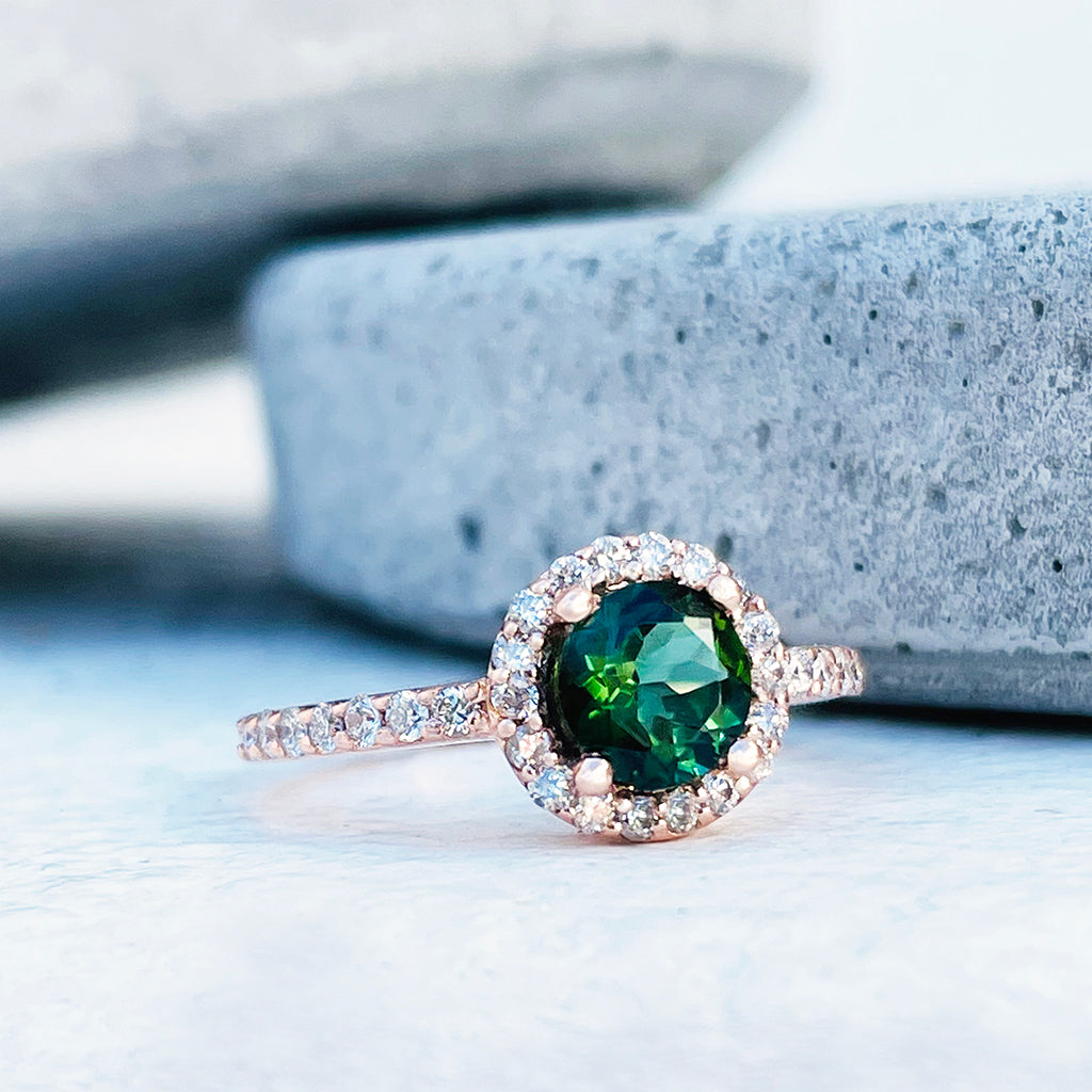 Elegance Defined Round Green Tourmaline and Diamond Halo Ring
