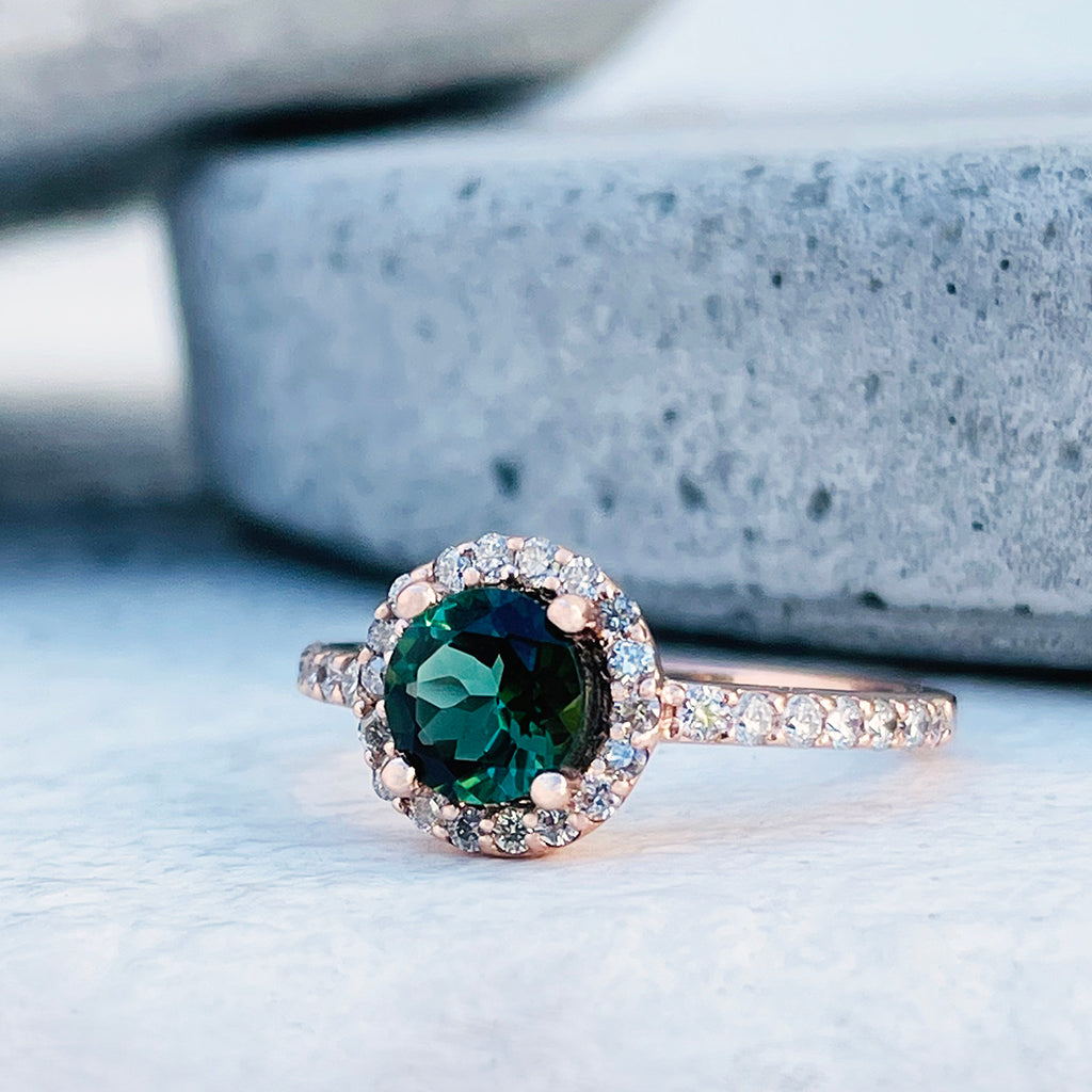 Elegance Defined Round Green Tourmaline and Diamond Halo Ring