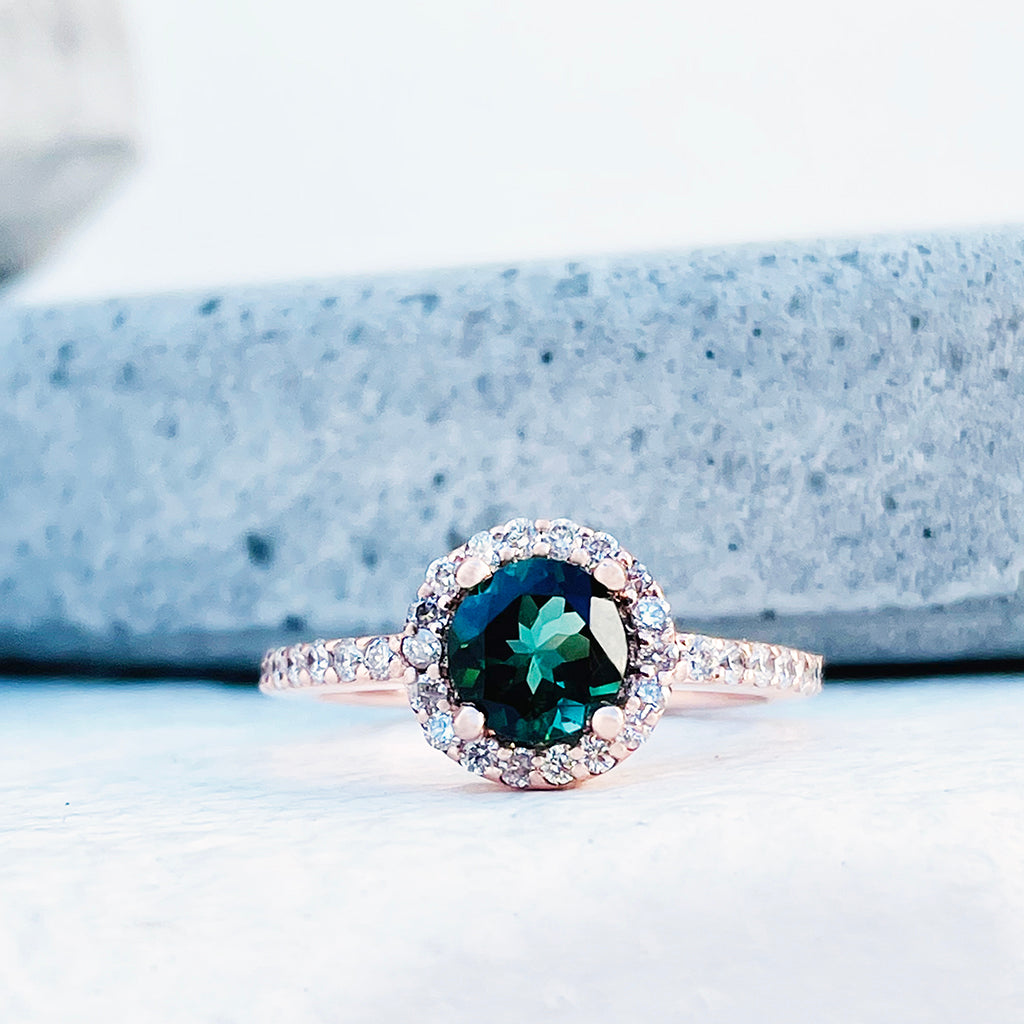 Elegance Defined Round Green Tourmaline and Diamond Halo Ring