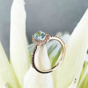 Elegant Aquamarine Rose Gold Halo Diamond Ring