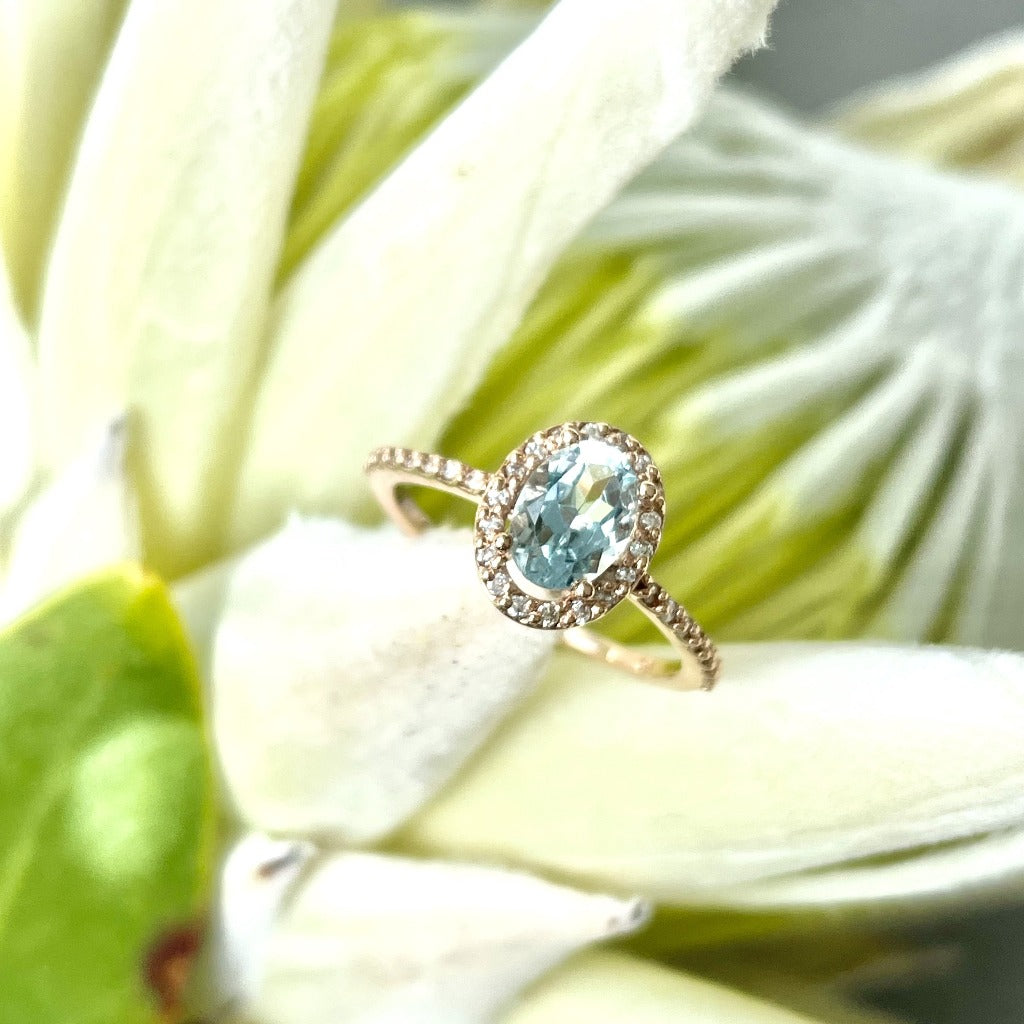 Elegant Aquamarine Rose Gold Halo Diamond Ring