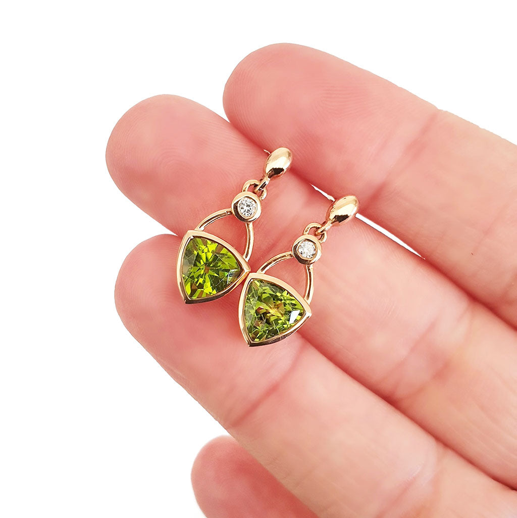 Elegant Bezel Peridot and Diamond Drop Rose Gold Earrings