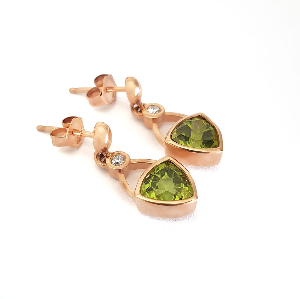 Elegant Bezel Peridot and Diamond Drop Rose Gold Earrings