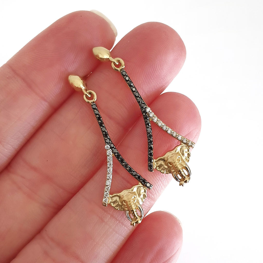 Elegant Black and White Diamond Elephant Drop Earrings