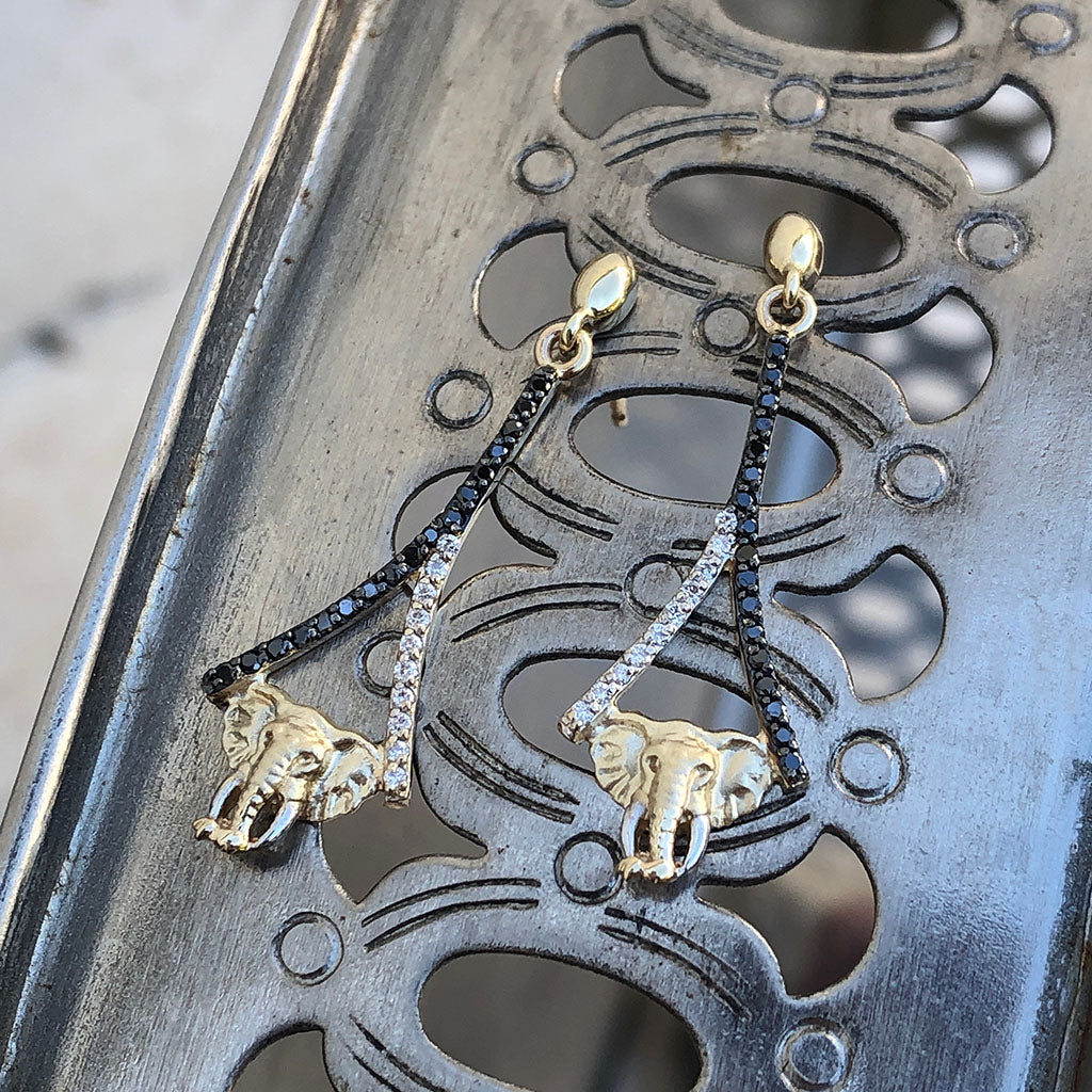 Elegant Black and White Diamond Elephant Drop Earrings