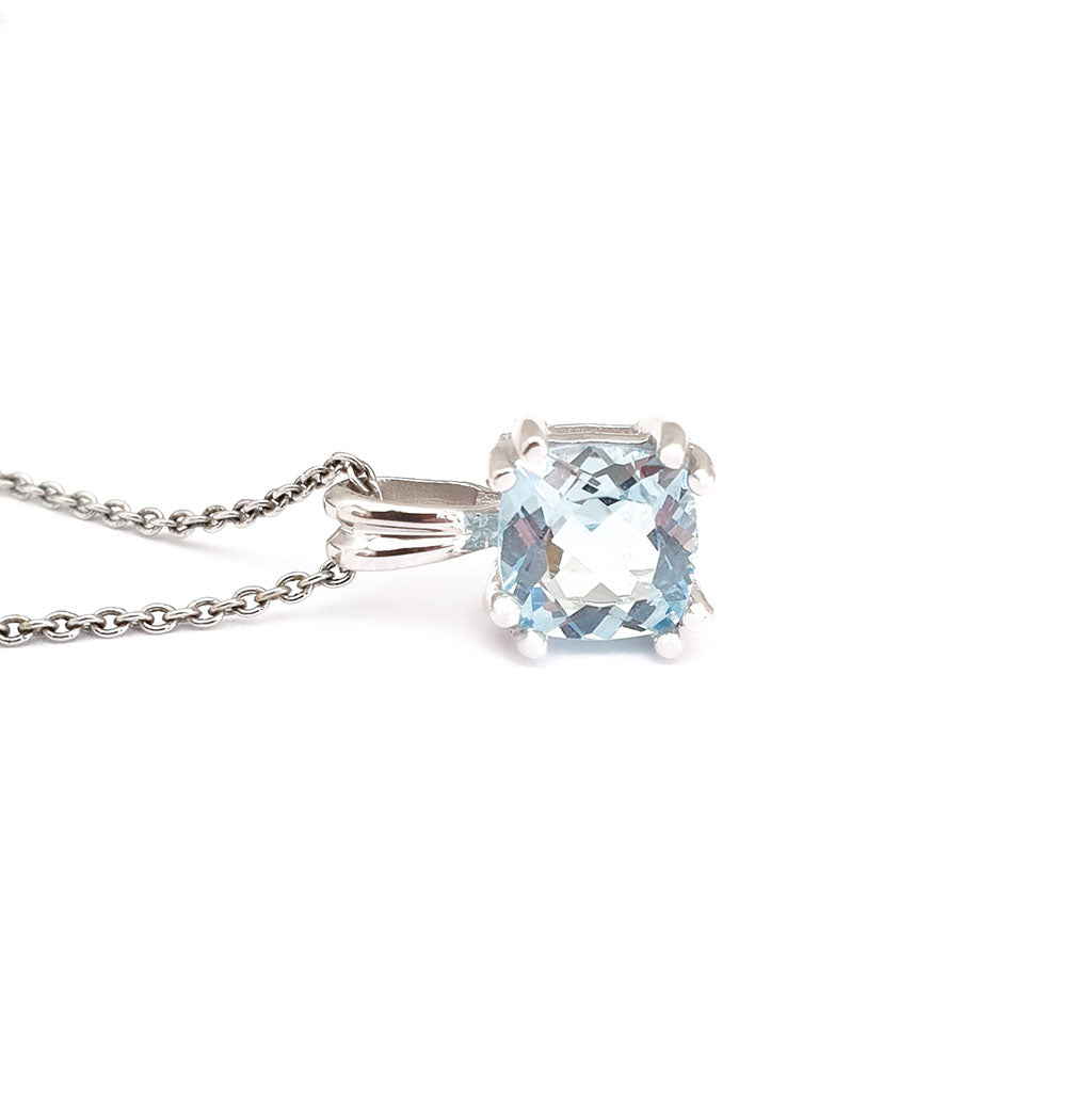 Elegant Cushion Cut Double Claw Aquamarine Pendant